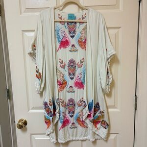 Judith March Embroidered Kimono with Pink and Blue Accents Large
